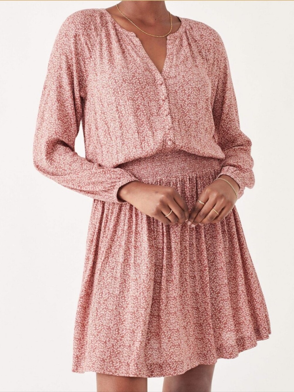 Faherty Montara Long Sleeve Mini Dress Mauve Leaf Batik Medium Garden Party